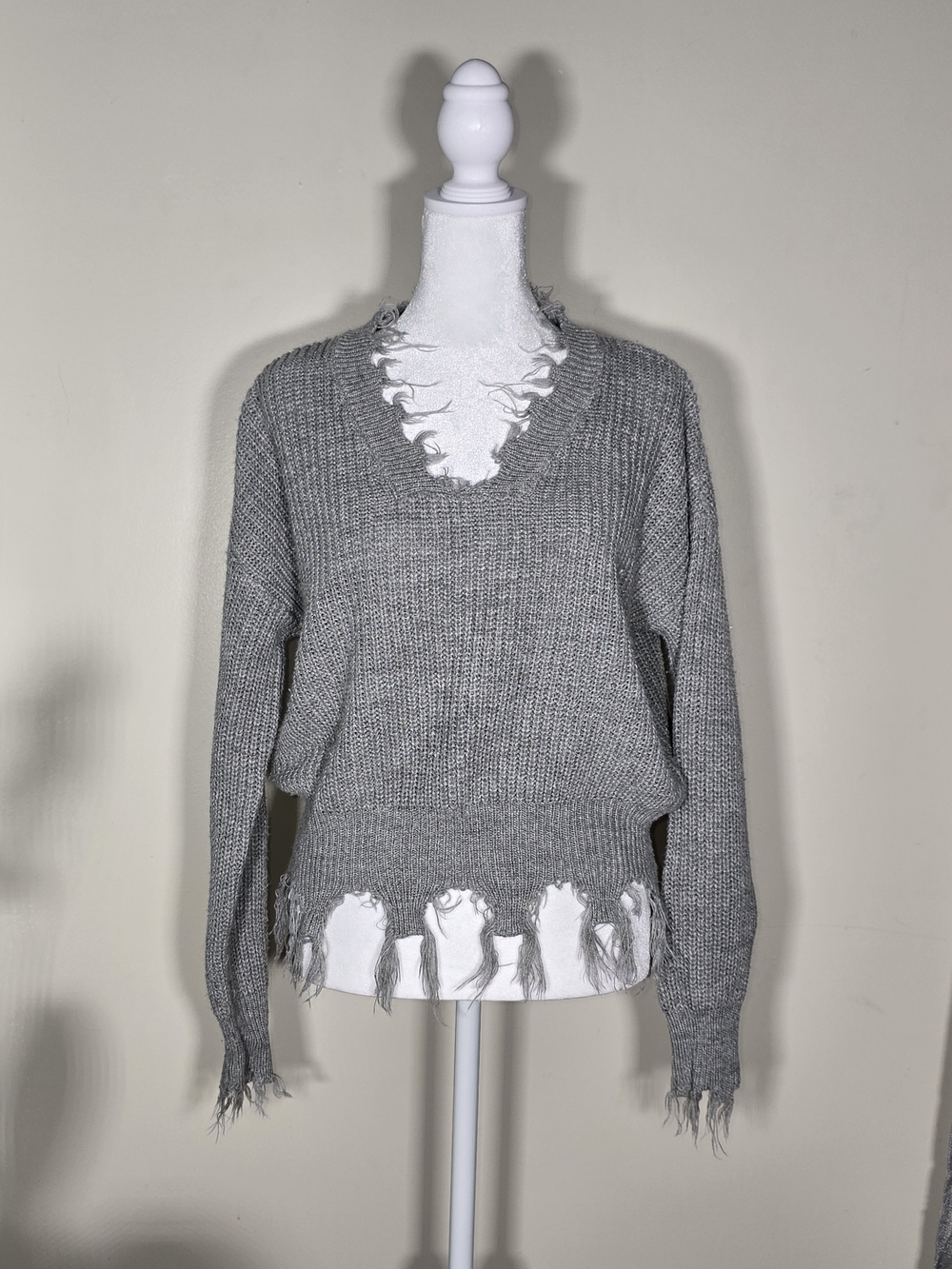 Daytrip Gray Distressed V-Neck Knit Sweater